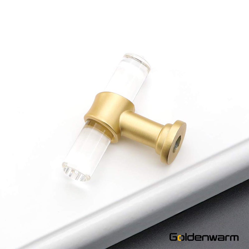 Goldenwarm 5 Pack-Clear Acrylic Drawer Knobs Brushed Brass Cabinet Hardware - LS9165GD T Bar Acrylic Drawer Pulls Gold Clear Cabinet Hardware Single Hole Drawer Pulls - Image 3